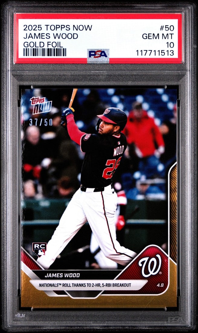2025 Topps Now James Wood #50 Gold Foil Rookie Card PSA 10: 2025 Topps Now James Wood #50 Gold Foil Rookie Card PSA 10 This is a graded 2025 Topps Now James Wood #50 Gold Foil /50 Rookie Baseball Card, certified as a PSA 10. The card features James Wood, a pla