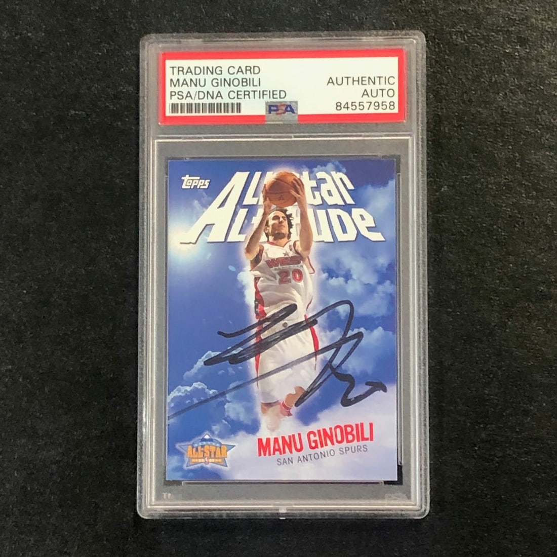 Manu Ginobili PSA Authenticated Signed 2005-06 Topps All-Star Altitude Basketball Card: Manu Ginobili PSA Authenticated Signed 2005-06 Topps All-Star Altitude Basketball Card This is a 2005-06 Topps All-Star Altitude #AS-MG sports trading card featuring Manu Ginobili of the San Antonio S