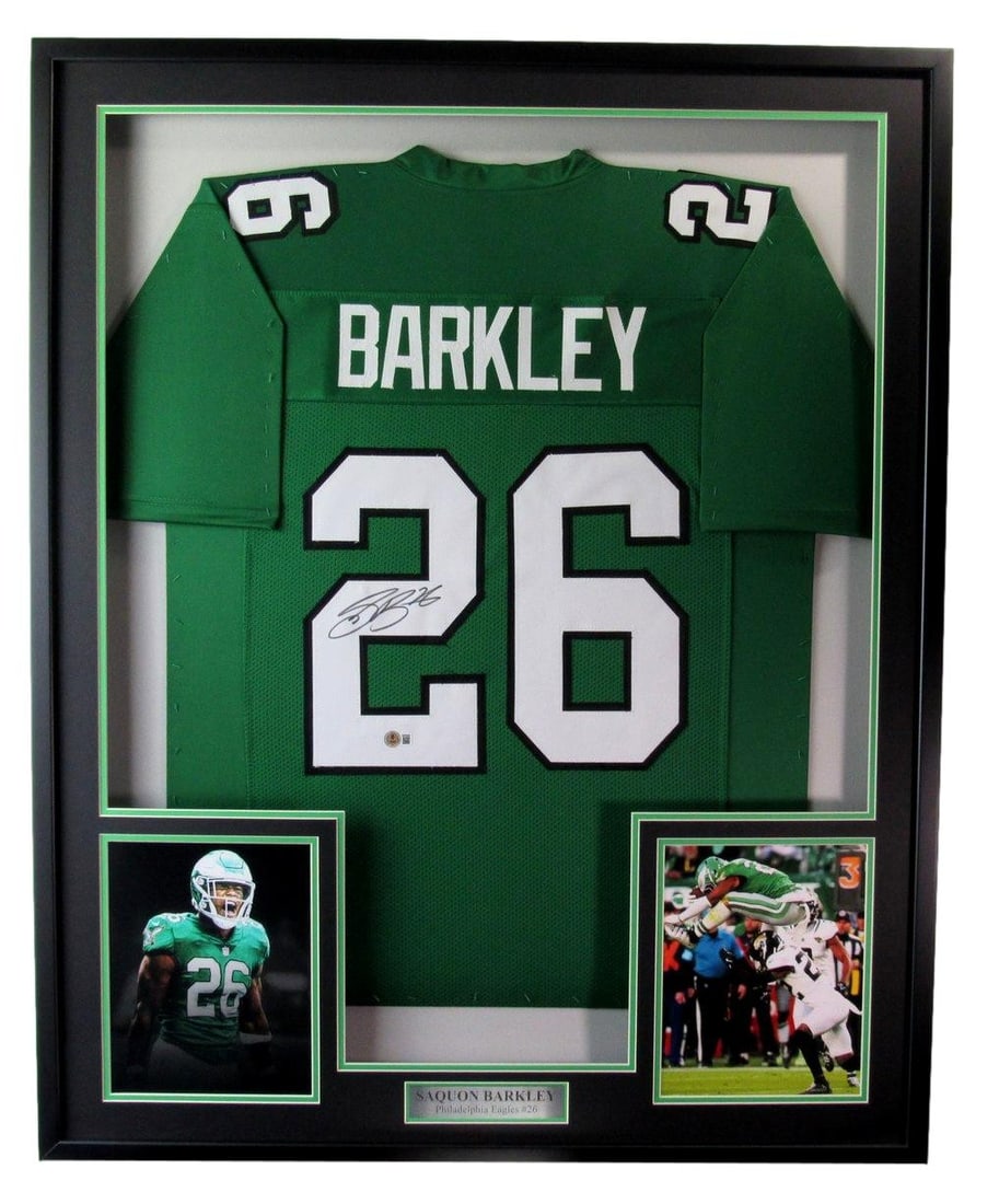 Saquon Barkley Autographed Framed Eagles Kelly-Green Jersey Beckett Authenticated (1 of 4)