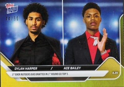 Dylan Harper Ace Bailey Topps Now Gold Foil Rookie Card 2025 /99: Dylan Harper Ace Bailey Topps Now Gold Foil Rookie Card 2025 /99 This is a 2025 Topps Now Dylan Harper/Ace Bailey #DHAB Gold Foil rookie card, limited to 99 copies. The card is pre-owned and includes 