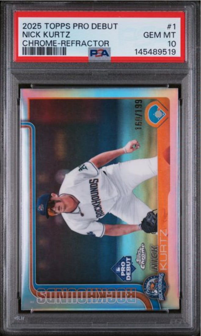 PSA 10 Nick Kurtz 2025 Pro Debut Refractor RC Baseball Card Serial Numbered /199: PSA 10 Nick Kurtz 2025 Pro Debut Refractor RC Baseball Card Serial Numbered /199 This is a 2025 Topps Pro Debut Nick Kurtz #1 Refractor /199 rookie baseball card, professionally graded PSA 10. The car