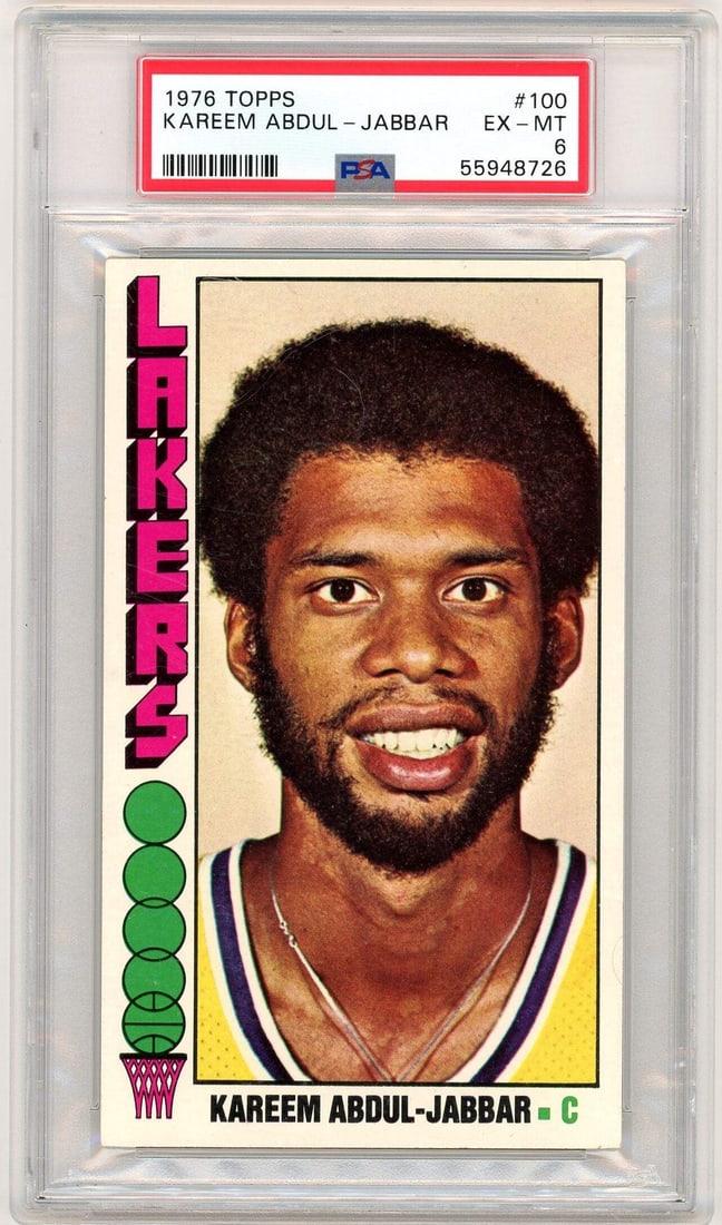1976 Topps Kareem Abdul-Jabbar #100 Basketball Card PSA 6: 1976 Topps Kareem Abdul-Jabbar #100 Basketball Card PSA 6 This is a graded 1976 Topps Kareem Abdul-Jabbar #100 basketball card, rated PSA 6 Excellent-Mint. The card features the legendary player from 