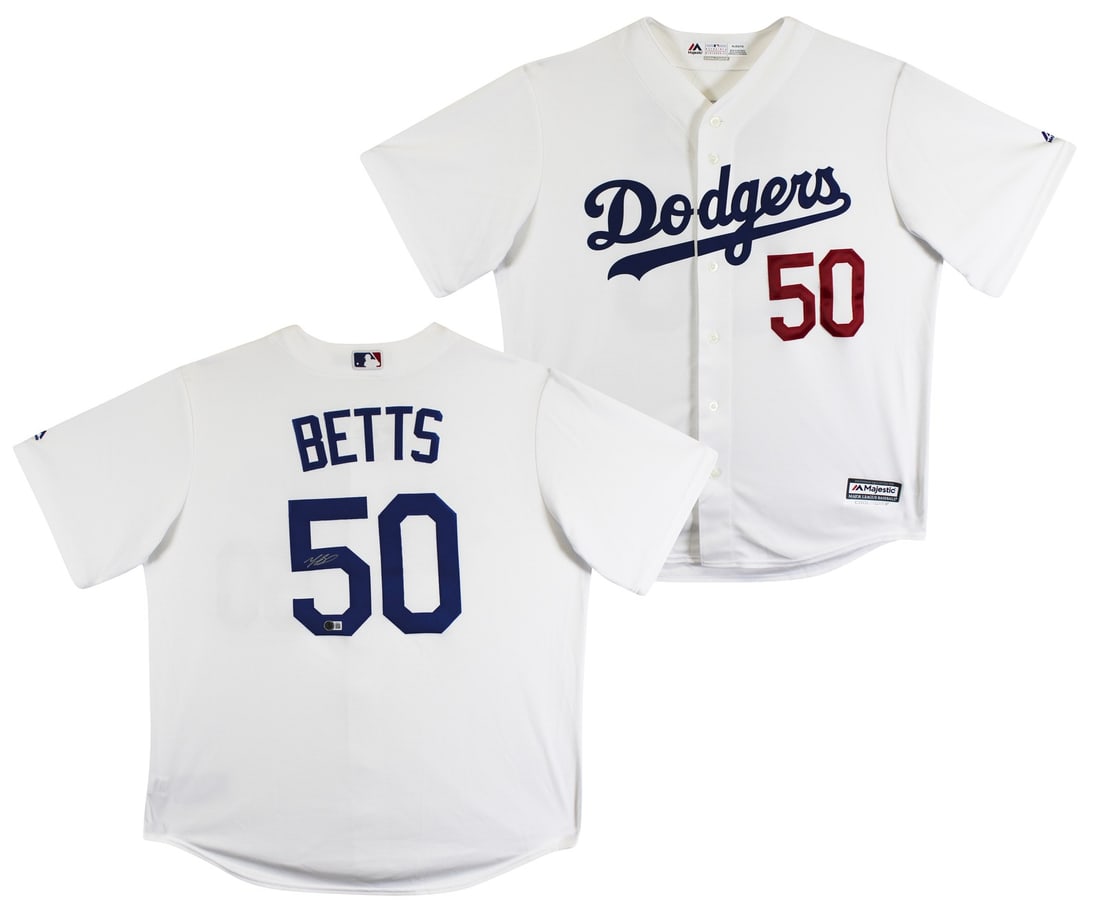 Mookie Betts Signed Majestic Cool Base Dodgers Jersey Beckett Authenticated: Mookie Betts Signed Majestic Cool Base Dodgers Jersey Beckett Authenticated This Los Angeles Dodgers jersey is a white Majestic Cool Base edition, personally signed by Mookie Betts. The autograph is
