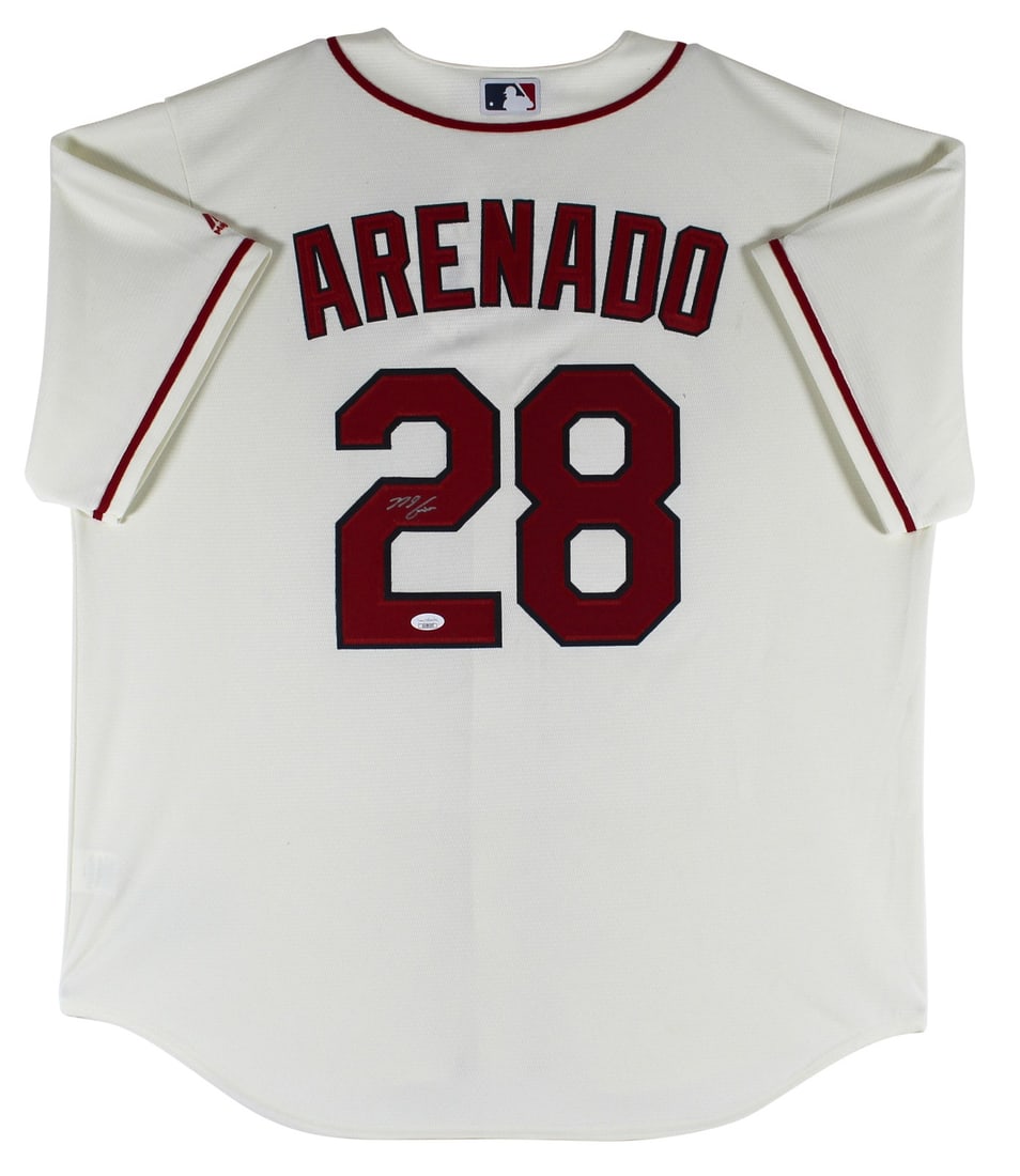 Nolan Arenado Signed St Louis Cardinals Cream Majestic Cool Base Jersey JSA Authenticated: Nolan Arenado Signed St Louis Cardinals Cream Majestic Cool Base Jersey JSA Authenticated This cream Majestic Cool Base jersey features an authentic hand-signed autograph by Nolan Arenado of the St. L