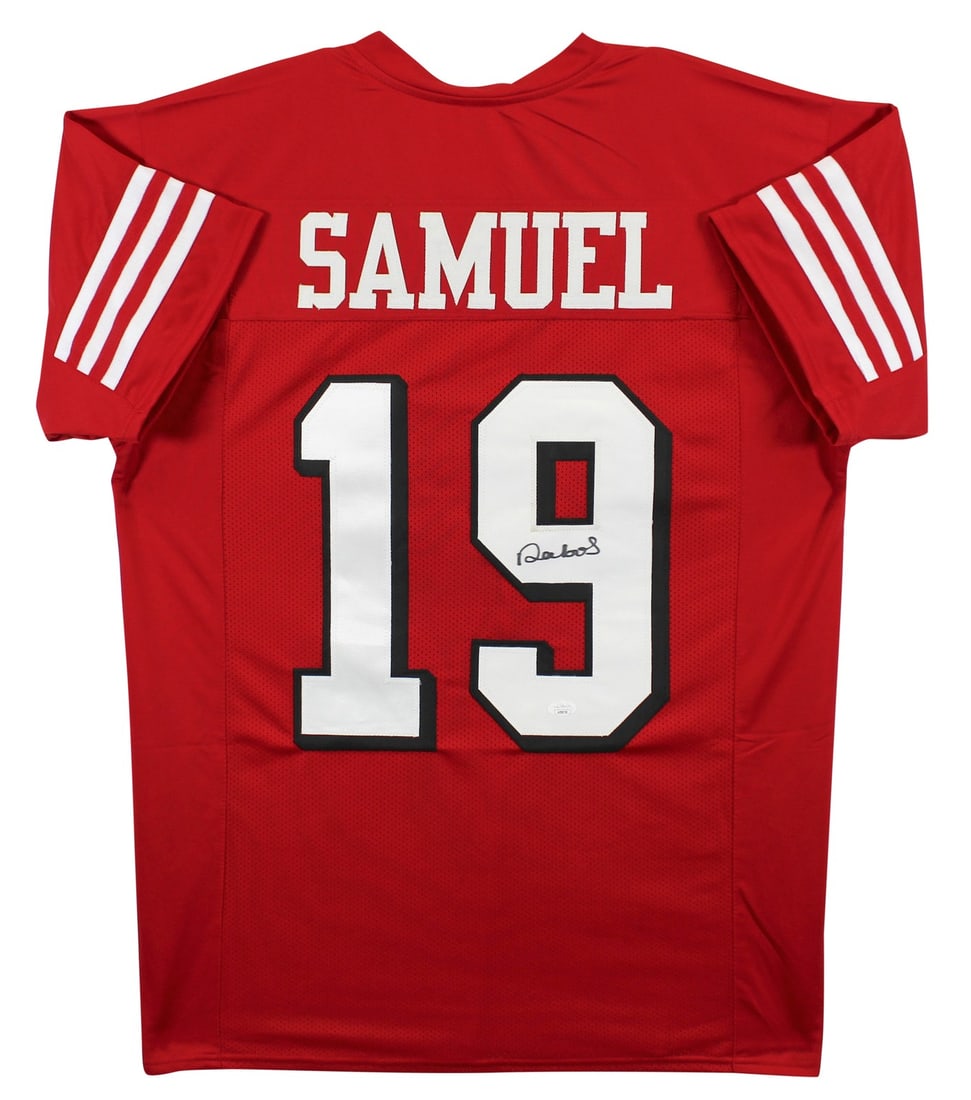 Deebo Samuel Signed San Francisco 49ers Red Jersey JSA COA: Deebo Samuel Signed San Francisco 49ers Red Jersey JSA COA This authentic red pro style jersey has been personally signed by Deebo Samuel of the San Francisco 49ers. Featuring a drop shadow design, th