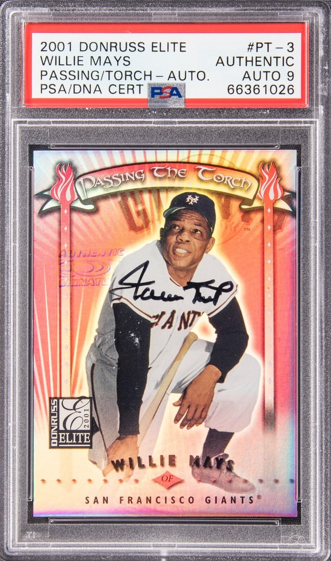 2001 Donruss Elite Willie Mays Autographed Card 11/100 PSA 9: 2001 Donruss Elite Willie Mays Autographed Card 11/100 PSA 9 This limited-edition 2001 Donruss Elite Passing the Torch collectible features a stunning autograph from the legendary baseball Hall of Fam