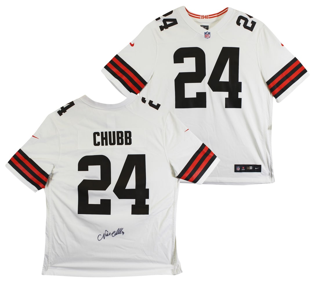 Nick Chubb Signed Cleveland Browns White Nike Jersey BAS Witness Authenticated: Nick Chubb Signed Cleveland Browns White Nike Jersey BAS Witness Authenticated This white Nike Game Jersey has been personally signed by Nick Chubb of the Cleveland Browns. The autograph is authentica