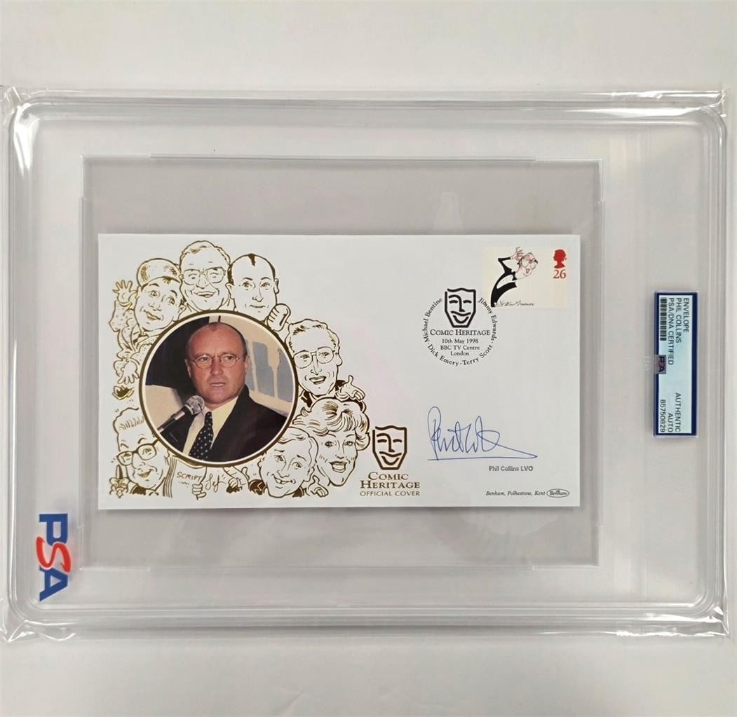 Autographed Heritage Comic Envelope Phil Collins PSA DNA Authenticated: Autographed Heritage Comic Envelope Phil Collins PSA DNA Authenticated This is an original Comic Heritage official envelope featuring the autograph of Phil Collins. The autograph has been authenticate