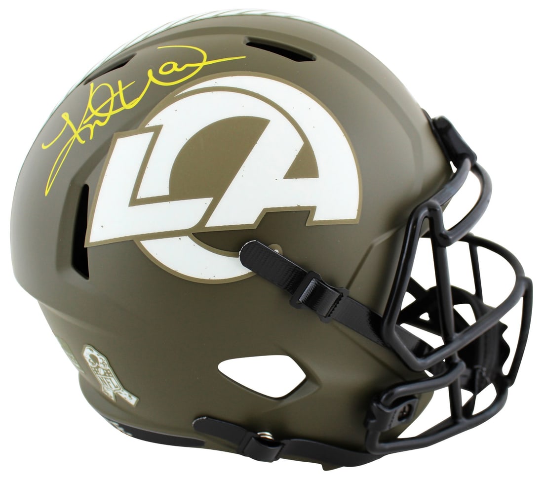 Kurt Warner Signed Rams Salute To Service Full Size Helmet BAS Witnessed: Kurt Warner Signed Rams Salute To Service Full Size Helmet BAS Witnessed This original autographed full-size Riddell Speed replica helmet is a stunning tribute to Kurt Warner, the legendary quarterbac