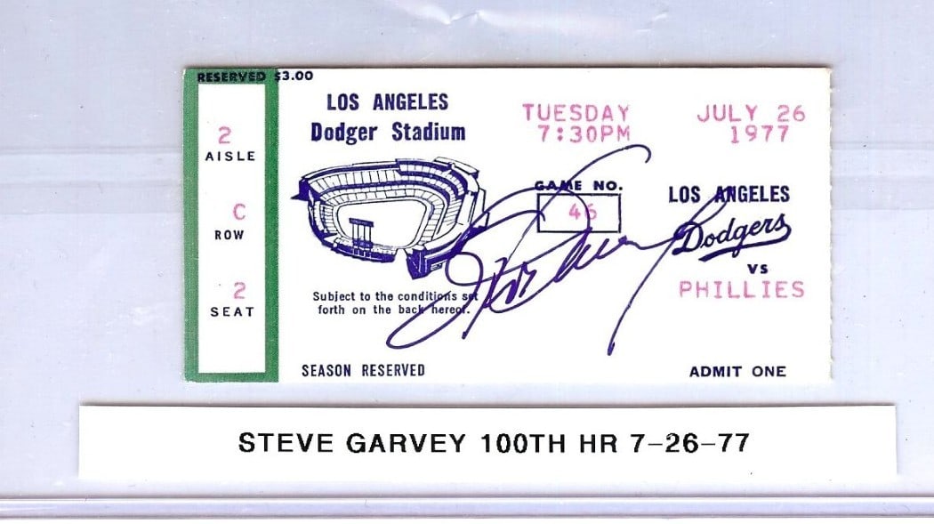 Steve Garvey Autographed Ticket Stub Dodgers 100th HR JSA Authenticated: Steve Garvey Autographed Ticket Stub Dodgers 100th HR JSA Authenticated Celebrate an iconic moment in baseball history with this original ticket stub from Steve Garvey's 100th home run, hit on July 26