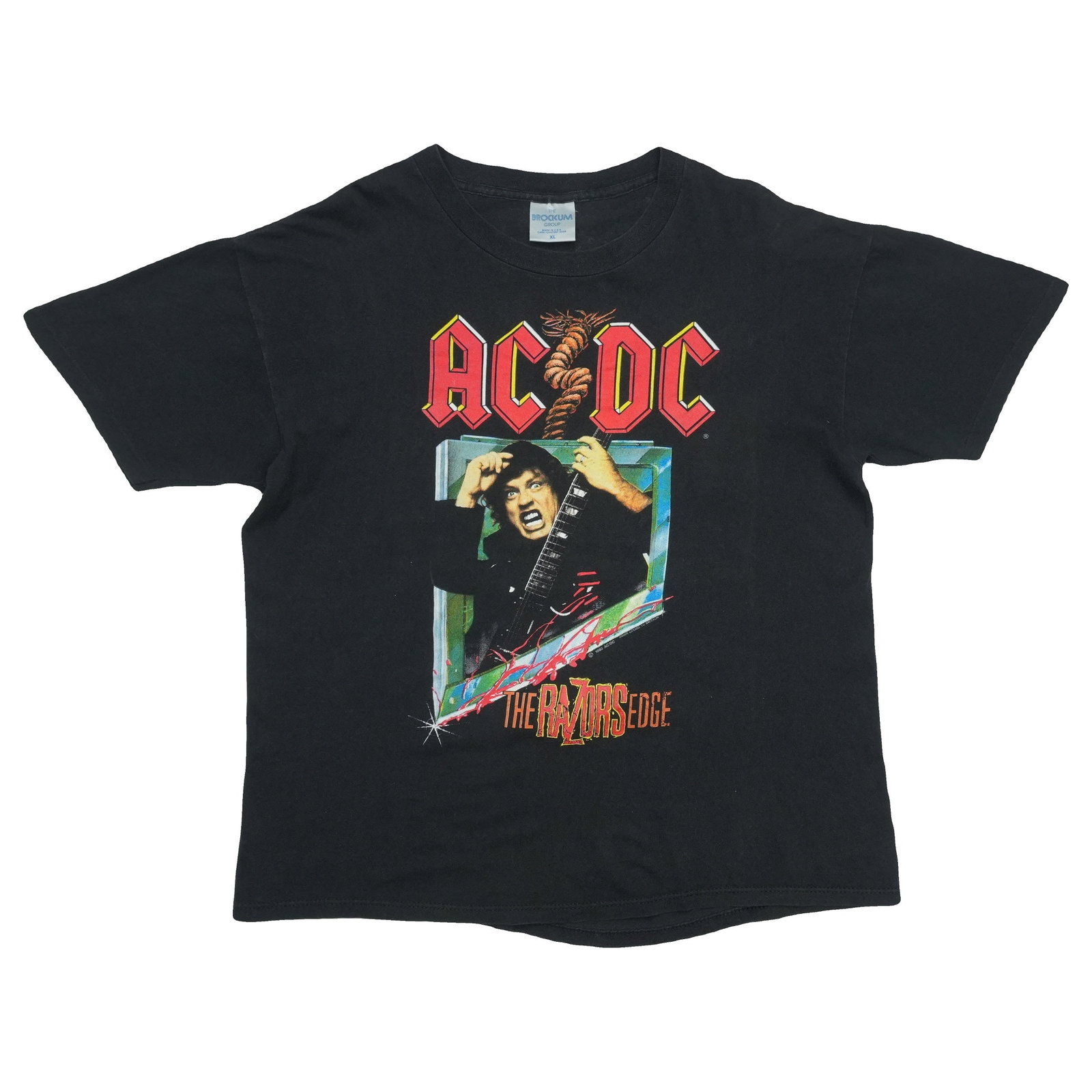 Vintage 1990 The Razors Edge Tour Shirt by ACDC Black Cotton XL: Vintage 1990 The Razors Edge Tour Shirt by ACDC Black Cotton XL This is an original vintage 1990 AC/DC The Razors Edge World Tour shirt featuring front and back graphics. The shirt is made from 100% c