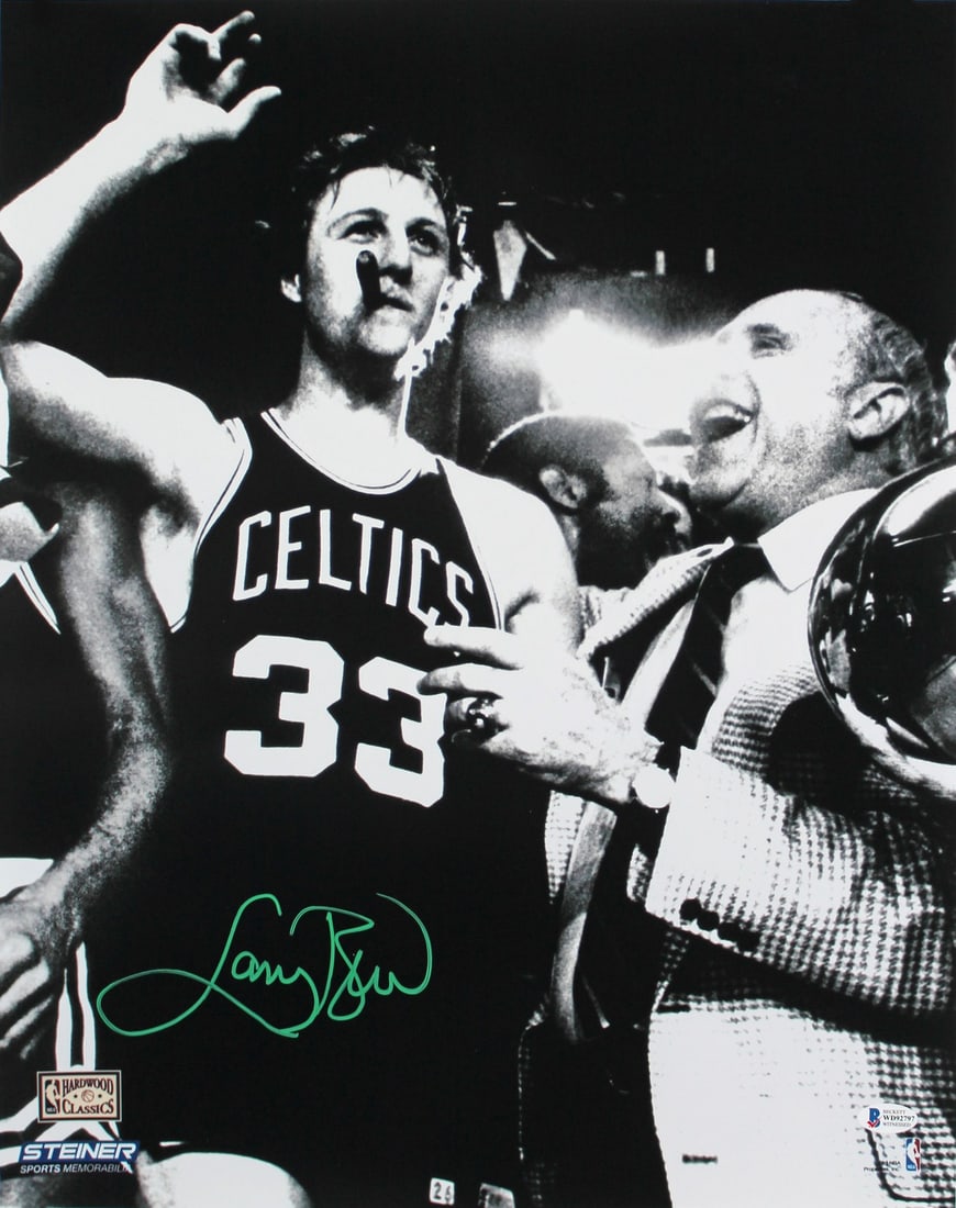 Larry Bird Signed 16x20 Photo with Red Auerbach Beckett Authenticated: Larry Bird Signed 16x20 Photo with Red Auerbach Beckett Authenticated This iconic 16x20 photograph features the legendary Larry Bird, personally signed by the NBA superstar himself, along with the est