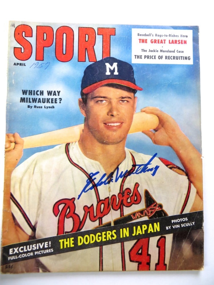 Eddie Mathews Autographed 1957 Braves Magazine JSA Certified: Eddie Mathews Autographed 1957 Braves Magazine JSA Certified This is an original autographed magazine featuring the legendary player Eddie Mathews, a key figure of the Milwaukee Braves. The magazine c