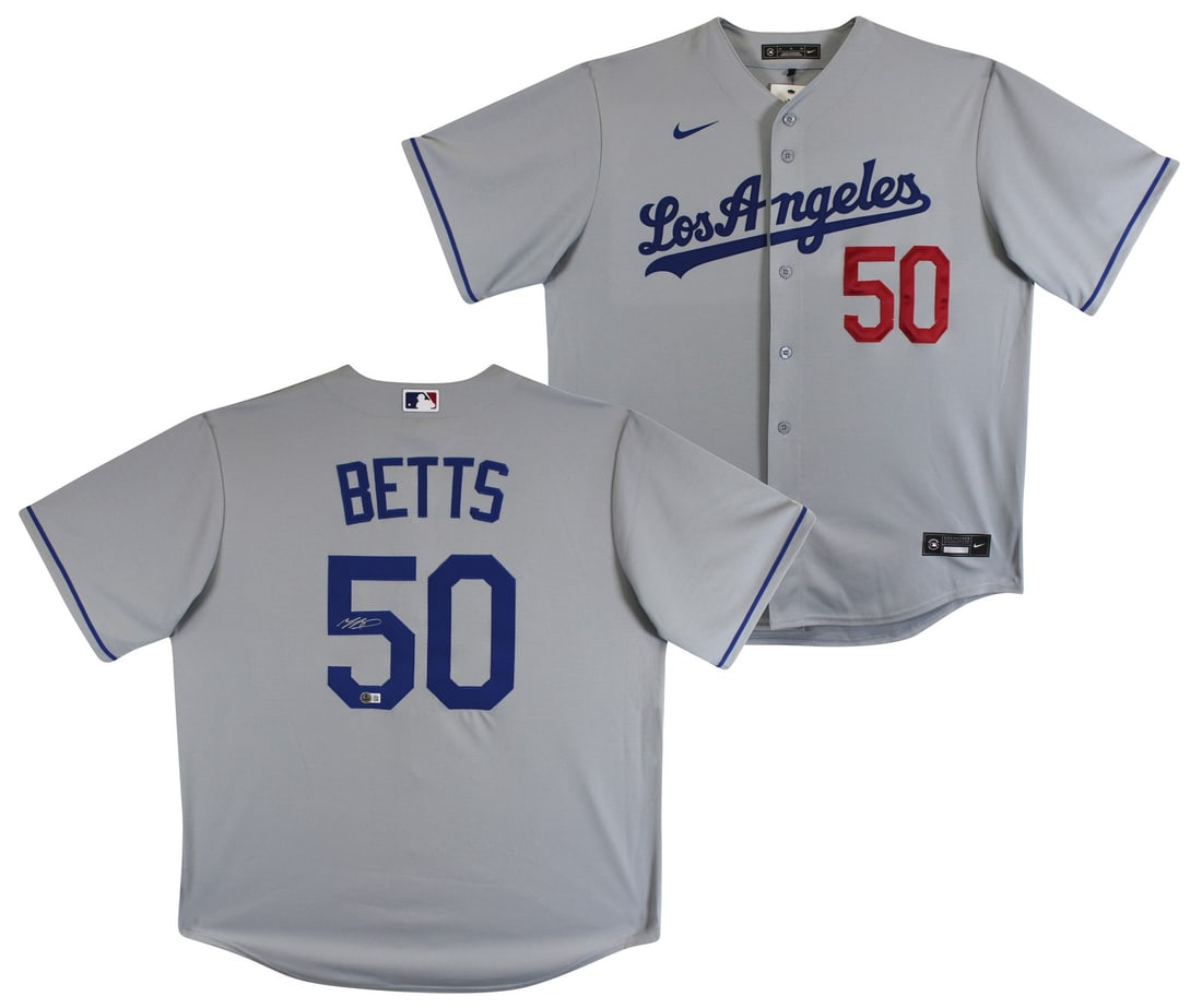 Mookie Betts Signed Los Angeles Dodgers Nike Gray Jersey Beckett Authenticated: Mookie Betts Signed Los Angeles Dodgers Nike Gray Jersey Beckett Authenticated This gray Nike jersey features the authentic signature of Mookie Betts from the Los Angeles Dodgers. Each jersey is perso