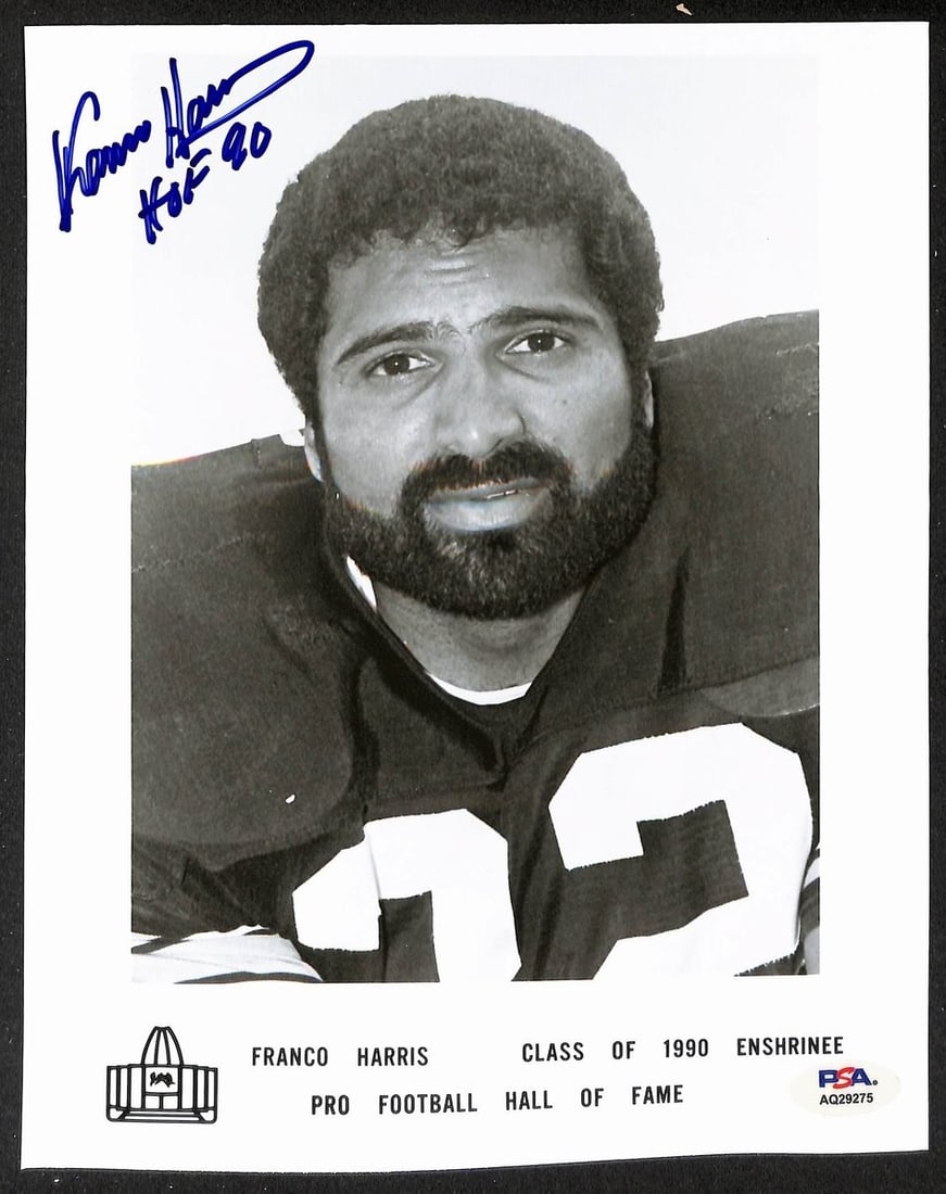 Franco Harris Autographed 8x10 Pro Football Hall of Fame Photo PSA DNA Certified: Franco Harris Autographed 8x10 Pro Football Hall of Fame Photo PSA DNA Certified This is an original 8x10 official Pro Football Hall of Fame photo signed and inscribed "HOF 90" by Franco Harris. The p