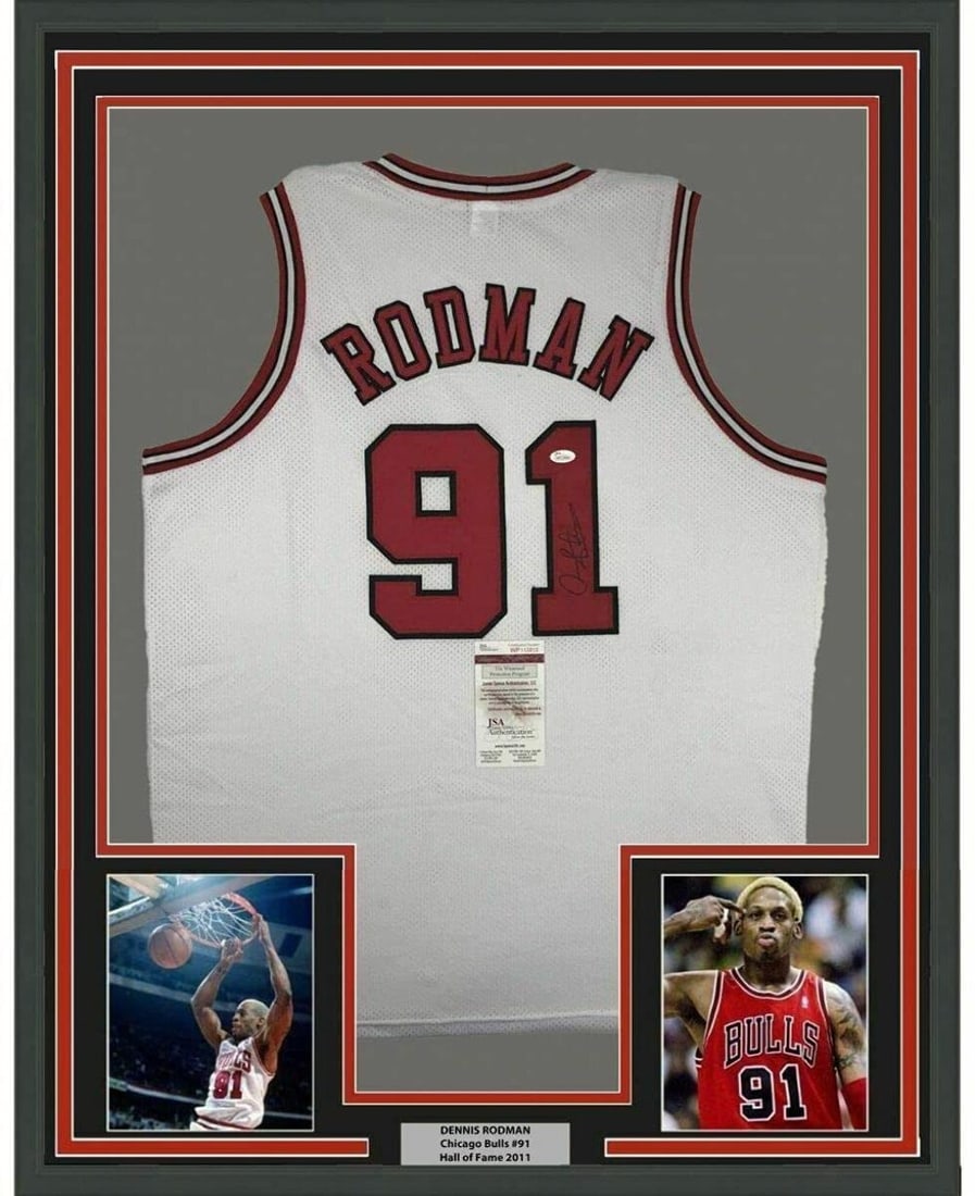 Framed Dennis Rodman Autographed Chicago Bulls Jersey JSA COA 33x42: Framed Dennis Rodman Autographed Chicago Bulls Jersey JSA COA 33x42 Display your passion for basketball with this professionally framed and autographed Dennis Rodman Chicago White Jersey. Measuring 33