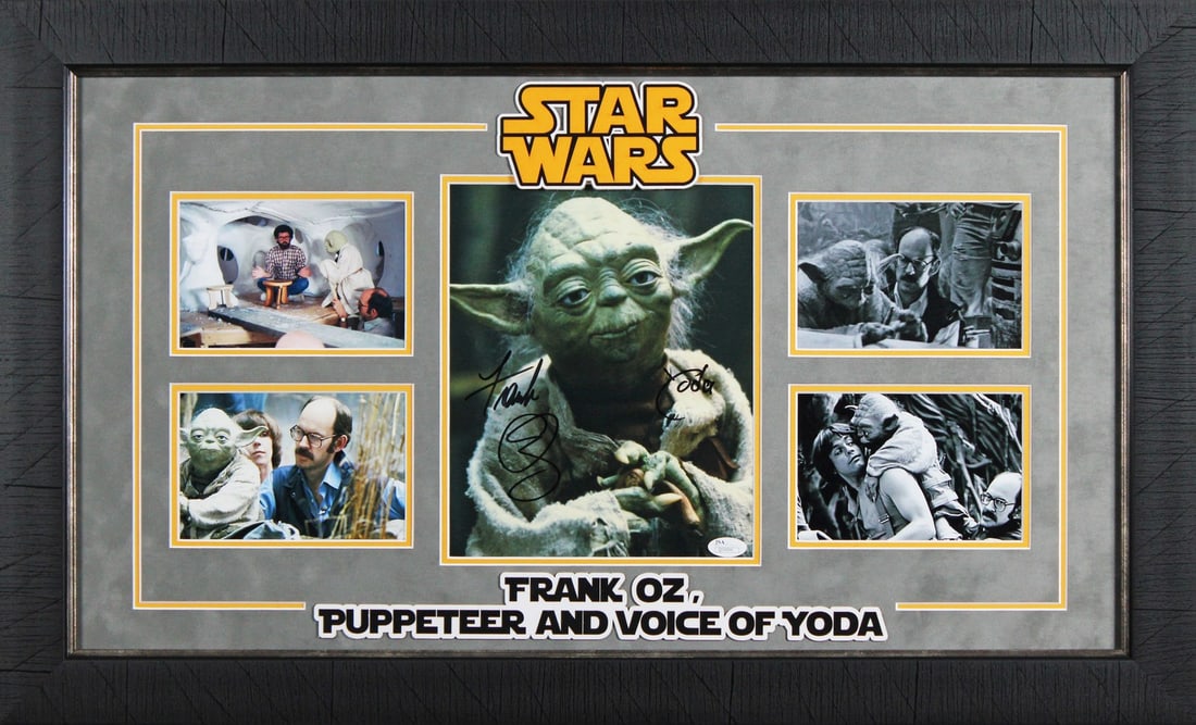 Framed Star Wars Photograph Signed by Frank Oz as Yoda with JSA COA: Framed Star Wars Photograph Signed by Frank Oz as Yoda with JSA COA This is a professionally framed 8x10 photograph from Star Wars, featuring an authentic signature and the inscription "Yoda" by Frank