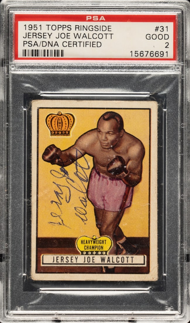 1951 Topps Ringside Boxing Jersey Joe Walcott Signed Card PSA 1 of 1: 1951 Topps Ringside Boxing Jersey Joe Walcott Signed Card PSA 1 of 1 This unique 1951 Topps Ringside Boxing #31 trading card features a hard-signed autograph by the legendary Hall of Famer Jersey Joe 