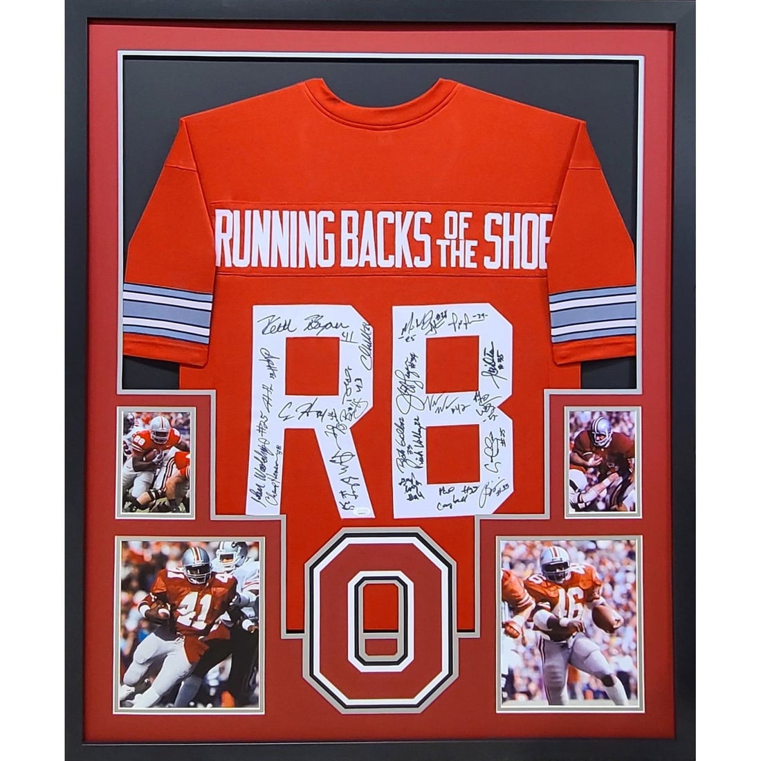Ohio State Buckeyes Signed Framed Jersey with 23 Running Backs Authenticated: Ohio State Buckeyes Signed Framed Jersey with 23 Running Backs Authenticated Celebrate the legacy of Ohio State football with this autographed framed jersey featuring signatures from 23 former OSU run