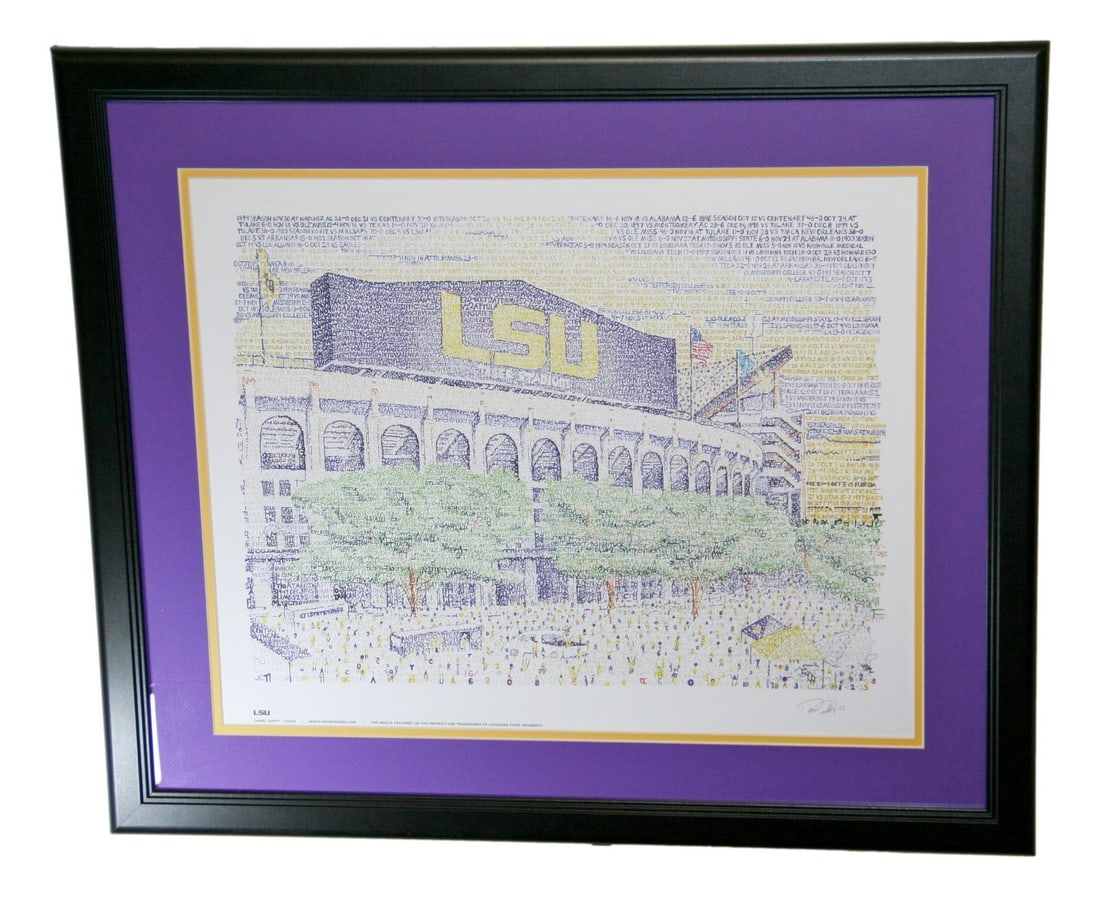 LSU Tigers 20x16 Framed Lithograph Art of Words Every Win: LSU Tigers 20x16 Framed Lithograph Art of Words Every Win Celebrate the spirit of LSU Tigers football with this stunning framed lithograph titled "Art of Words - Every Win." This original piece captur