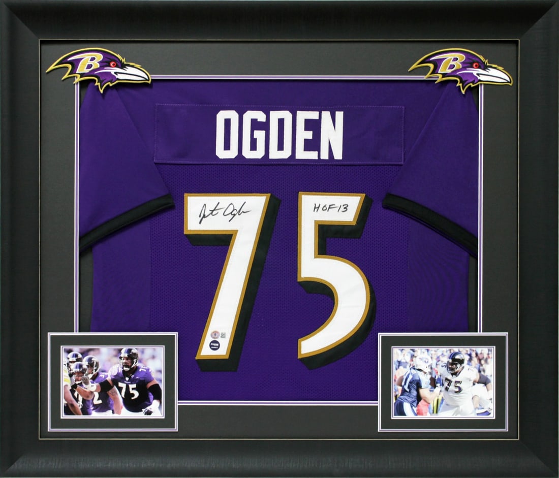 Jonathan Ogden Signed Framed Jersey HOF 13 BAS Witnessed Baltimore Ravens: Jonathan Ogden Signed Framed Jersey HOF 13 BAS Witnessed Baltimore Ravens Celebrate the legacy of Jonathan Ogden with this stunning autographed Purple Pro Style Framed Jersey, featuring the inscriptio