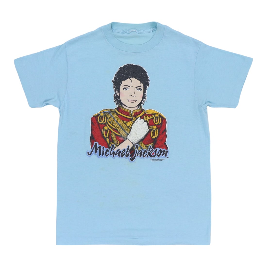 Vintage 1984 Blue Michael Jackson Glove Graphic T-Shirt Poly Cotton Blend: Vintage 1984 Blue Michael Jackson Glove Graphic T-Shirt Poly Cotton Blend This is an original vintage 1984 Michael Jackson Sparkly Glove shirt, featuring both front and back graphics. Made from a 50/5
