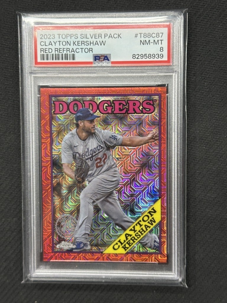 Clayton Kershaw 2023 Topps Silver Pack Red Refractor PSA 8 Dodgers Card #T88C87: Clayton Kershaw 2023 Topps Silver Pack Red Refractor PSA 8 Dodgers Card #T88C87 This is a Clayton Kershaw 2023 Topps Silver Pack Red Refractor Baseball Card, graded by Professional Sports Authenticato