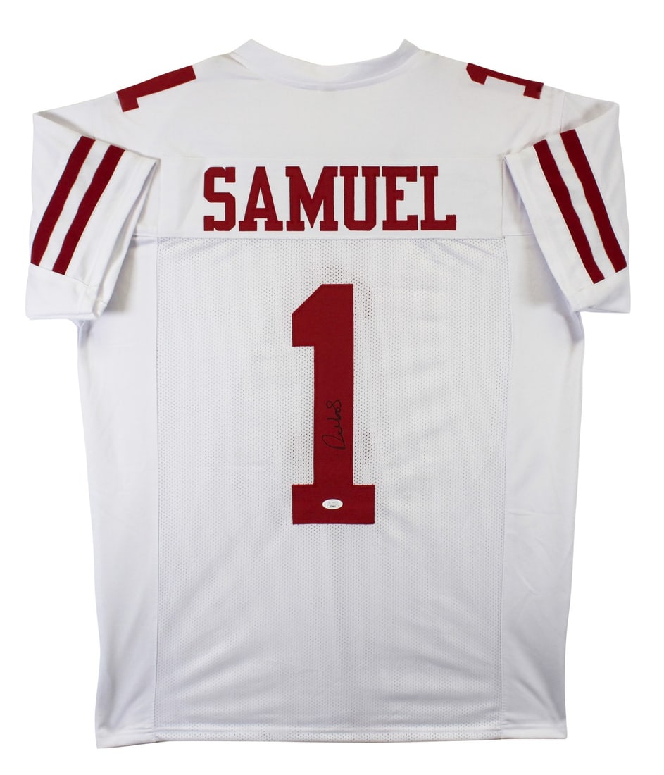 Deebo Samuel Signed San Francisco 49ers White Jersey JSA Authenticated: Deebo Samuel Signed San Francisco 49ers White Jersey JSA Authenticated This authentic white pro style jersey has been personally signed by Deebo Samuel, a standout player for the San Francisco 49ers. 