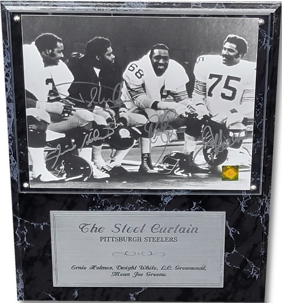 Steel Curtain Signed Plaque 12x16 Mean Joe Greene Ernie Holmes Dwight White: Steel Curtain Signed Plaque 12x16 Mean Joe Greene Ernie Holmes Dwight White Celebrate the legacy of the Pittsburgh Steelers with this authentic signed plaque featuring four iconic players from the Ste