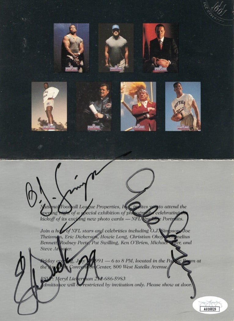 Gale Sayers Eric Dickerson OJ Simpson Signed Invitation JSA Authenticated: Gale Sayers Eric Dickerson OJ Simpson Signed Invitation JSA Authenticated This is an original autographed invitation featuring the signatures of three legendary NFL players: Gale Sayers, Eric Dickerso