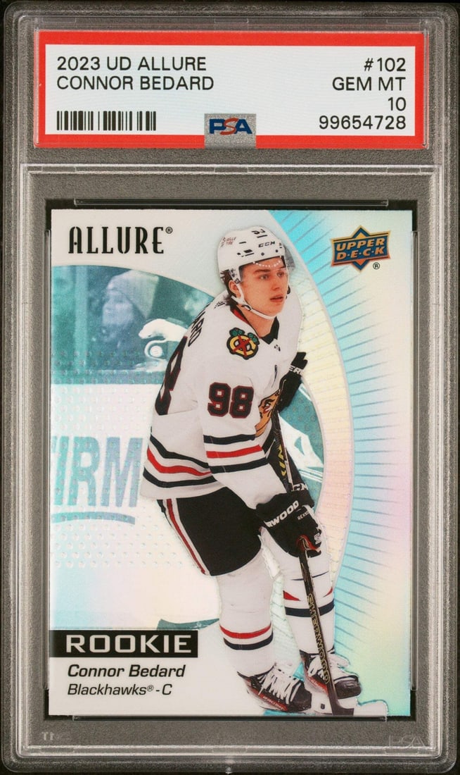 2023 Upper Deck Allure Connor Bedard #102 Rookie Hockey Card PSA 10: 2023 Upper Deck Allure Connor Bedard #102 Rookie Hockey Card PSA 10 This graded 2023 Upper Deck Allure Connor Bedard #102 Rookie RC Hockey Card is a must-have for any hockey card collector. Authentica