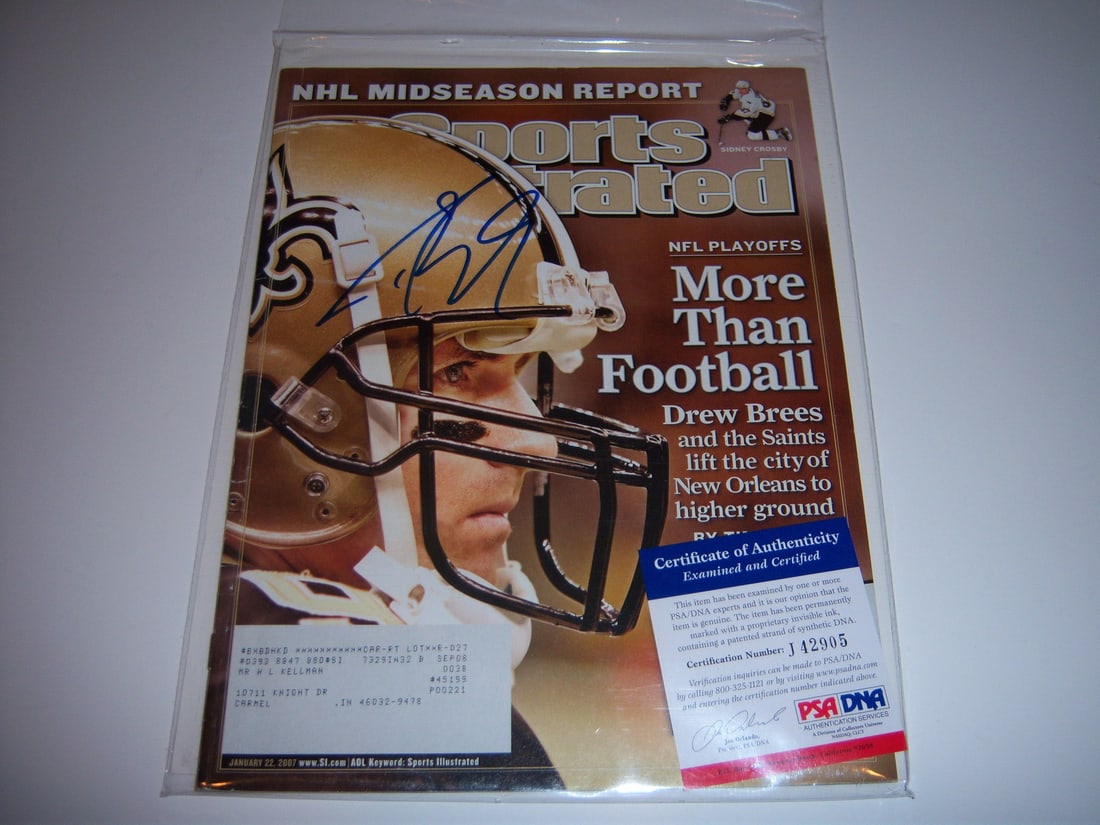Sports Illustrated Magazine Signed by Drew Brees PSA DNA Certified: Sports Illustrated Magazine Signed by Drew Brees PSA DNA Certified This is an original Sports Illustrated magazine featuring Drew Brees of the New Orleans Saints, commemorating his Super Bowl MVP achi