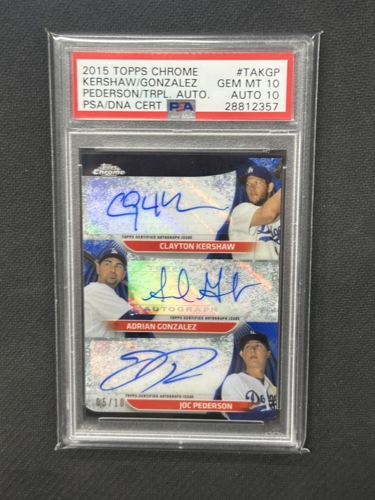 2015 Topps Chrome Clayton Kershaw Seager Gonzalez Triple Auto PSA 10 #KGP: 2015 Topps Chrome Clayton Kershaw Seager Gonzalez Triple Auto PSA 10 #KGP This is a 2015 Topps Chrome Triple Autograph Baseball Card featuring Clayton Kershaw, Corey Seager, and Adrian Gonzalez. The c