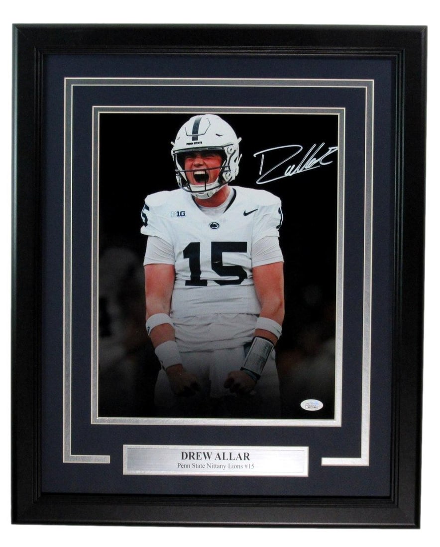 Drew Allar Autographed 11x14 Framed Photo JSA Certified Penn State: Drew Allar Autographed 11x14 Framed Photo JSA Certified Penn State This is a framed, autographed 11x14 photo of Drew Allar, showcasing his talent as a prominent player for Penn State. The piece is pro