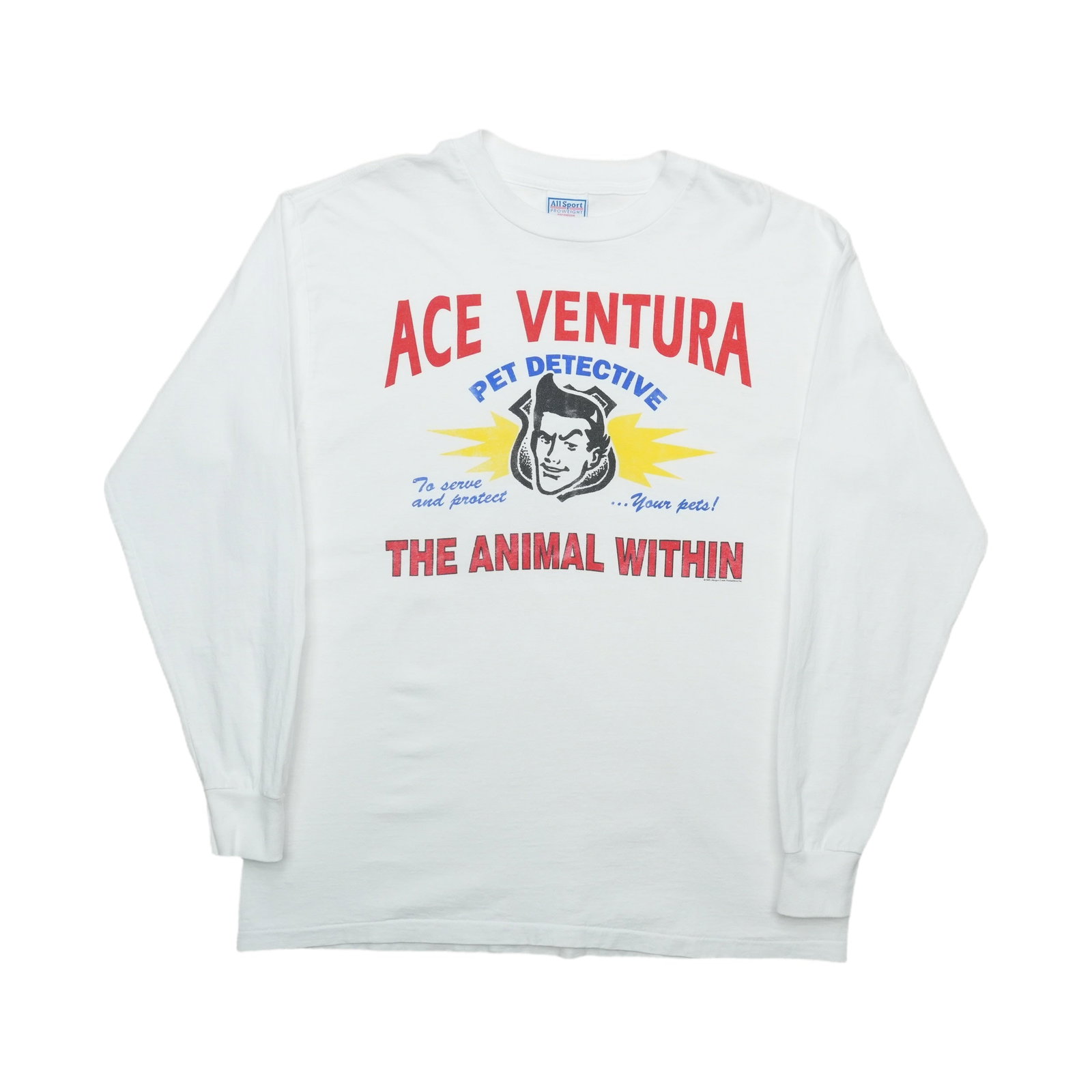 Vintage 1995 Ace Ventura White Cotton Long Sleeve Tee XL: Vintage 1995 Ace Ventura White Cotton Long Sleeve Tee XL This is an original vintage 1995 Ace Ventura Pet Detective long sleeve shirt. It is not a modern reproduction and features no back graphics. Th