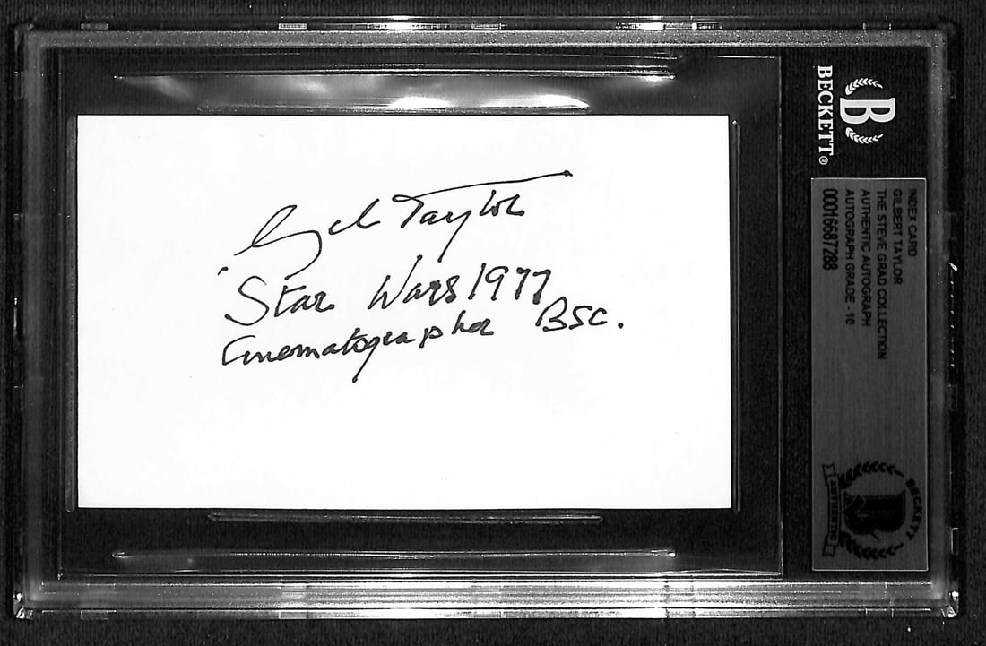 Gil Taylor Star Wars Signed 3x5 Index Card Beckett Authenticated: Gil Taylor Star Wars Signed 3x5 Index Card Beckett Authenticated This autographed 3x5 index card features the signature of Gilbert Taylor, the esteemed cinematographer of the original Star Wars film. 
