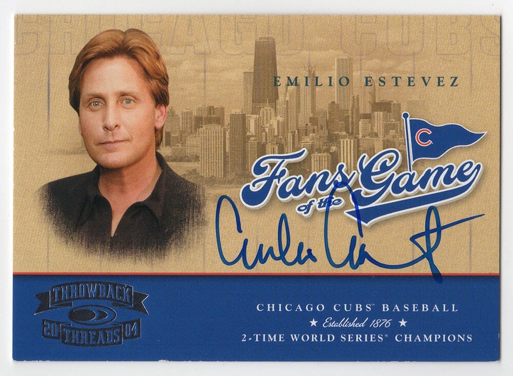 2004 Donruss Threads Fans of the Game Card 201 Autographed by Emilio Estevez with COA: 2004 Donruss Threads Fans of the Game Card 201 Autographed by Emilio Estevez with COA This is an original 2004 Donruss Threads Fans of the Game trading card #201, signed by Emilio Estevez. The card in