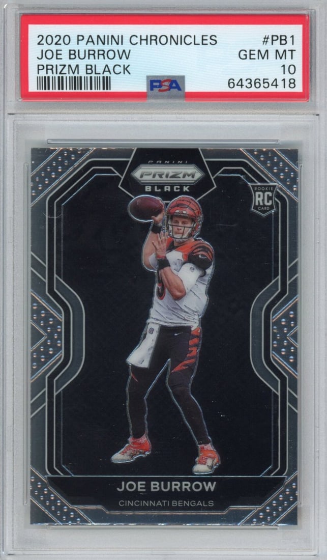 2020 Panini Chronicles Joe Burrow #BP1 Prizm Black Rookie Card PSA 10: 2020 Panini Chronicles Joe Burrow #BP1 Prizm Black Rookie Card PSA 10 This 2020 Panini Chronicles Joe Burrow #BP1 Prizm Black Rookie RC Card is graded PSA 10, ensuring its exceptional quality and cond
