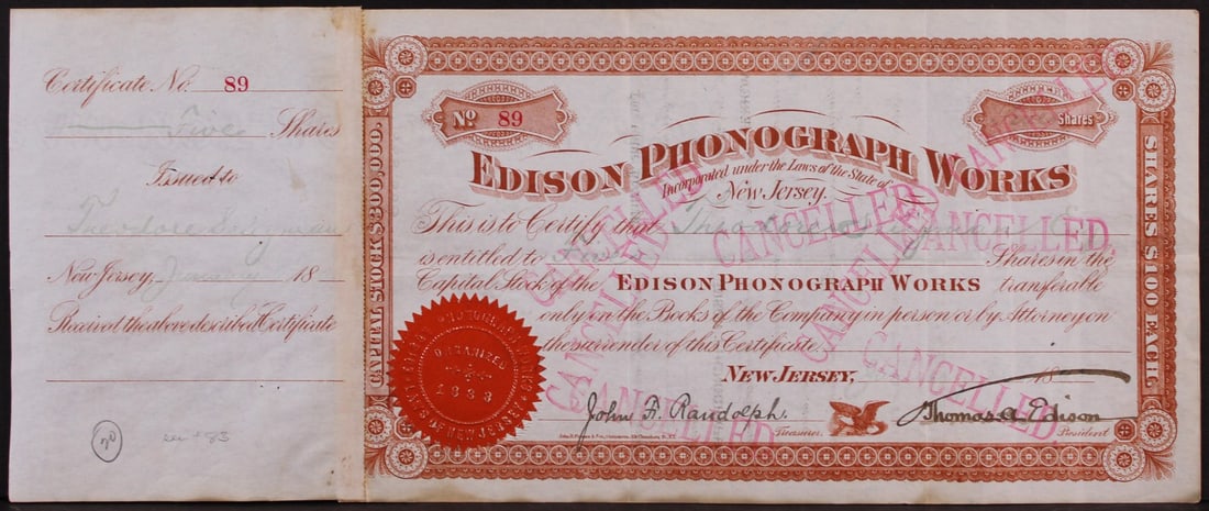Thomas Edison Signed 5.75x14 Phonograph Works Stock Certificate Beckett COA (1 of 4)