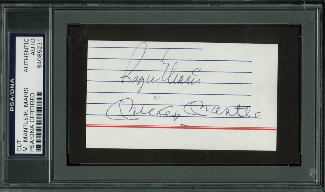 Mickey Mantle Roger Maris Signed 2.25x4.15 Cut Signature PSA Authenticated: Mickey Mantle Roger Maris Signed 2.25x4.15 Cut Signature PSA Authenticated This authentic cut signature features the autographs of legendary New York Yankees players Mickey Mantle and Roger Maris, mea