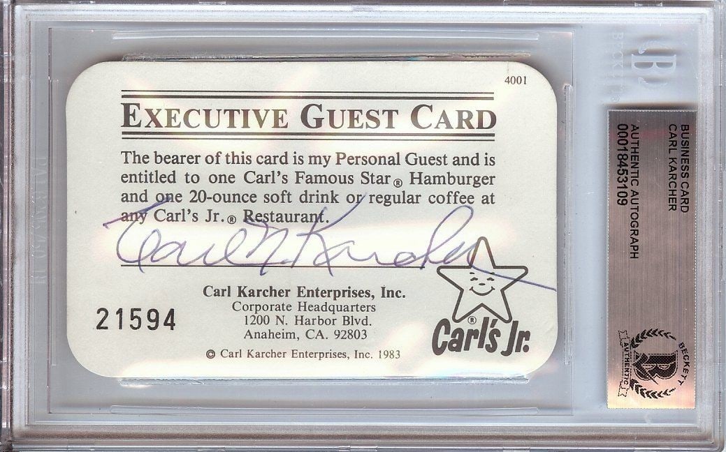 Business Card Signed by Carl Karcher with Beckett Authentication (1 of 2)