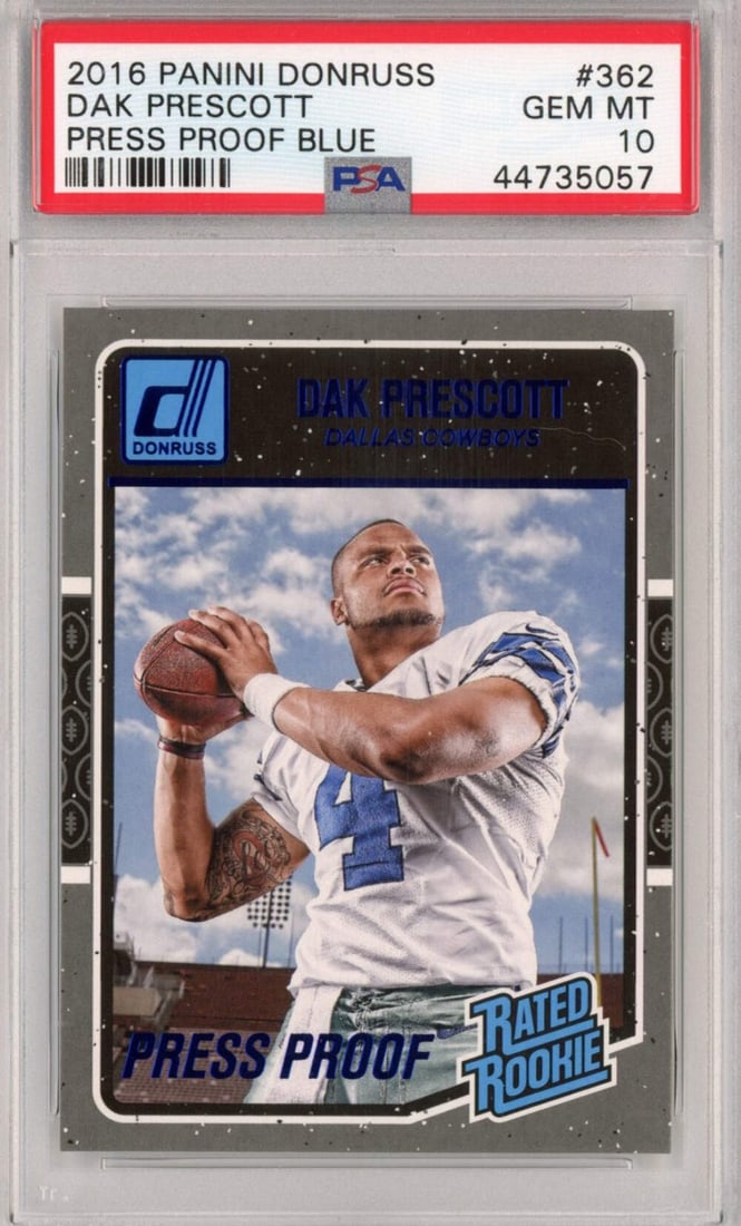 2016 Panini Donruss Dak Prescott #362 Press Proof Blue PSA 10 Rookie Card: 2016 Panini Donruss Dak Prescott #362 Press Proof Blue PSA 10 Rookie Card This Graded 2016 Panini Donruss Dak Prescott #362 Press Proof Blue Rookie Card is a must-have for any football fan. Featuring 