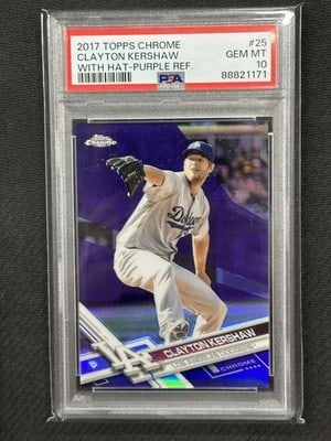 PSA 10 Clayton Kershaw 2017 Topps Chrome Purple Refractor #25: PSA 10 Clayton Kershaw 2017 Topps Chrome Purple Refractor #25 This is a 2017 Topps Chrome Purple Refractor baseball card featuring Clayton Kershaw of the Los Angeles Dodgers. The card is serial