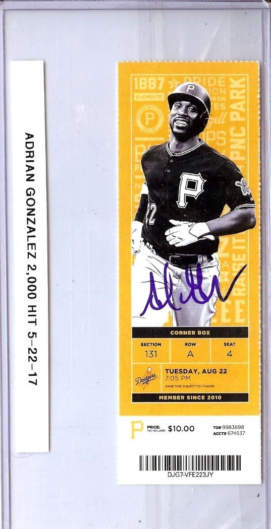 Adrian Gonzalez Autographed Ticket Stub Dodgers 2000th Hit JSA: Adrian Gonzalez Autographed Ticket Stub Dodgers 2000th Hit JSA This collectible features a ticket stub from Adrian Gonzalez's remarkable 2000th hit on May 22, 2017, while playing for the Los Angeles