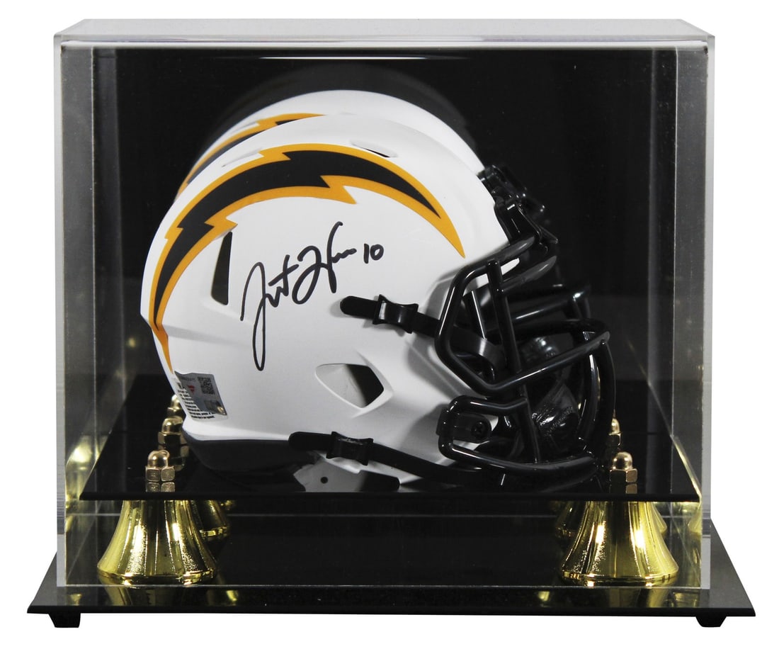 Justin Herbert Autographed Lunar Speed Mini Helmet with Case Los Angeles Chargers: Justin Herbert Autographed Lunar Speed Mini Helmet with Case Los Angeles Chargers This autographed Lunar Speed mini helmet, featuring the signature of Justin Herbert, quarterback for the Los Angeles