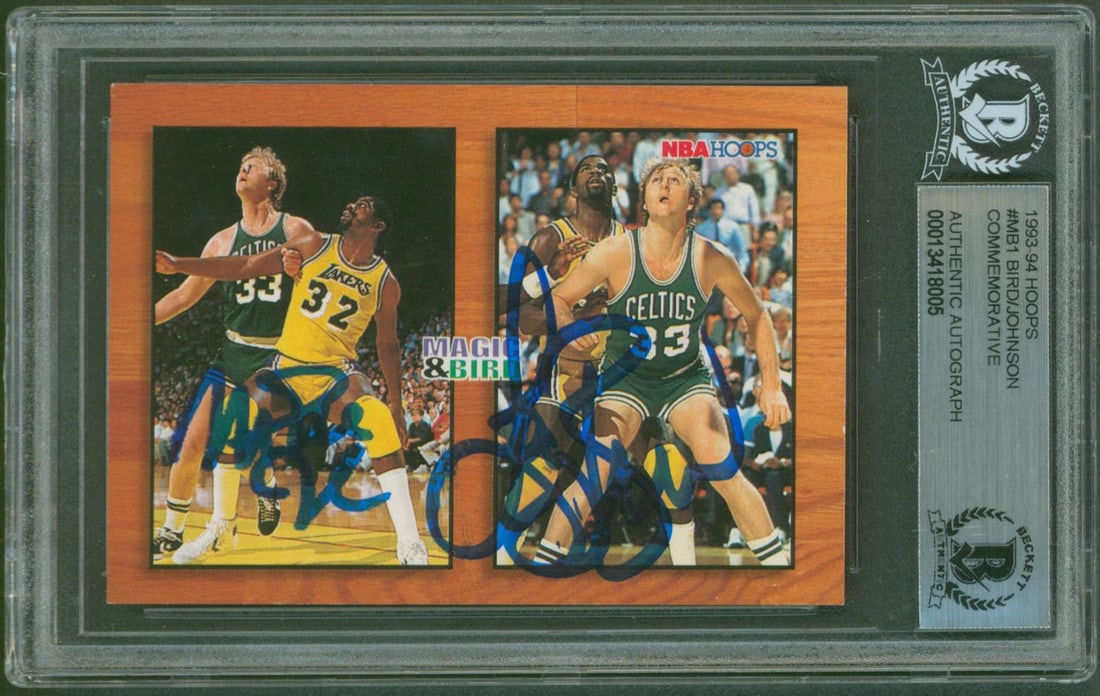 Magic Johnson Larry Bird Signed 1993 Hoops #MB1 Card Beckett Authenticated: Magic Johnson Larry Bird Signed 1993 Hoops #MB1 Card Beckett Authenticated This is an authentic 1993 Hoops #MB1 trading card featuring the legendary basketball icons Magic Johnson and Larry Bird. The 
