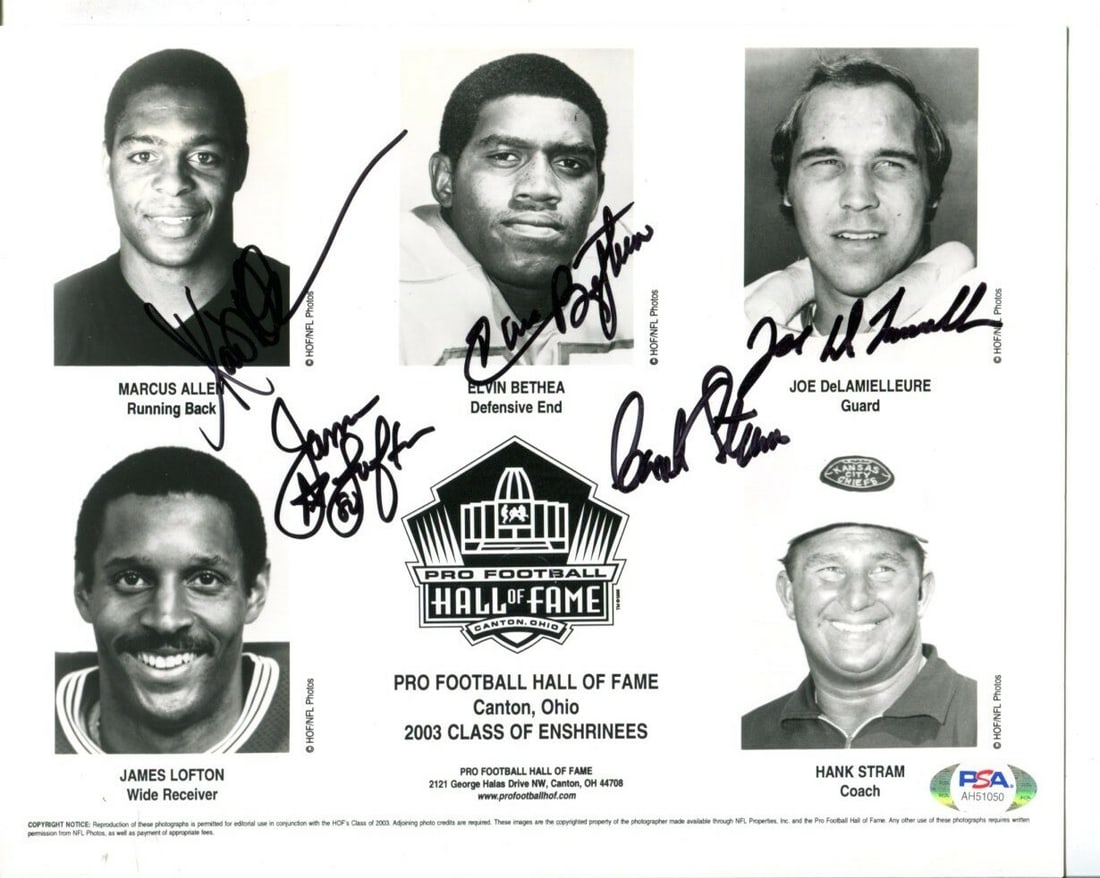 2003 Pro Football HOF Autographed 8x10 Photo Allen Lofton Stram PSA/DNA: 2003 Pro Football HOF Autographed 8x10 Photo Allen Lofton Stram PSA/DNA This original 8x10 photograph captures a moment in football history, featuring the autographs of renowned Hall of Famers Allen a