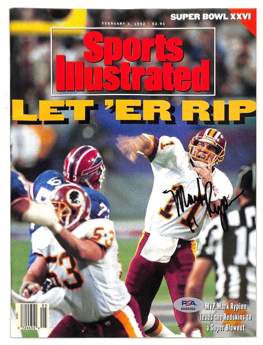 Mark Rypien Autographed 1992 Sports Illustrated Magazine PSA Certified: Mark Rypien Autographed 1992 Sports Illustrated Magazine PSA Certified This original 1992 Sports Illustrated magazine features a cover story on Mark Rypien, the renowned quarterback of the Washington 