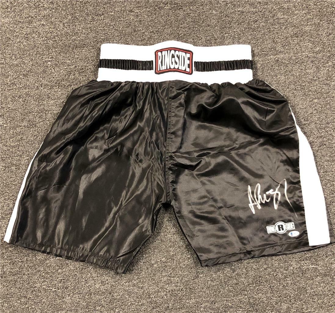Andy Ruiz Jr Signed Black Boxing Trunks Beckett Authenticated: Andy Ruiz Jr Signed Black Boxing Trunks Beckett Authenticated These authentic black boxing trunks were signed by the 1st Mexican champion, Andy Ruiz Jr. Featuring a sleek design, these shorts are a mu