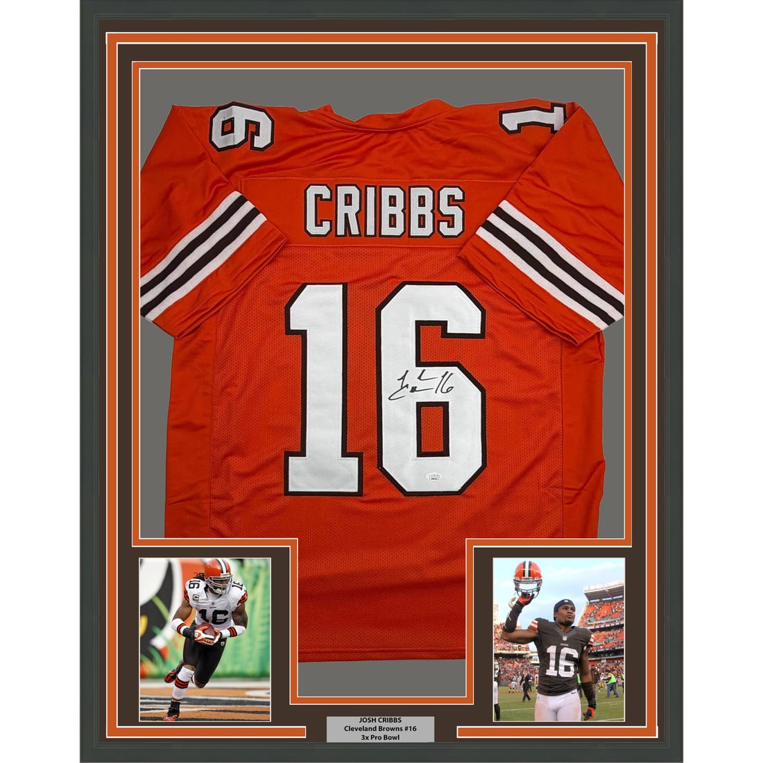Josh Cribbs Cleveland Browns Signed Orange Jersey Framed 35x39 JSA Authenticated: Josh Cribbs Cleveland Browns Signed Orange Jersey Framed 35x39 JSA Authenticated This professionally framed Cleveland Browns orange jersey is autographed by Josh Cribbs and authenticated by James Spen